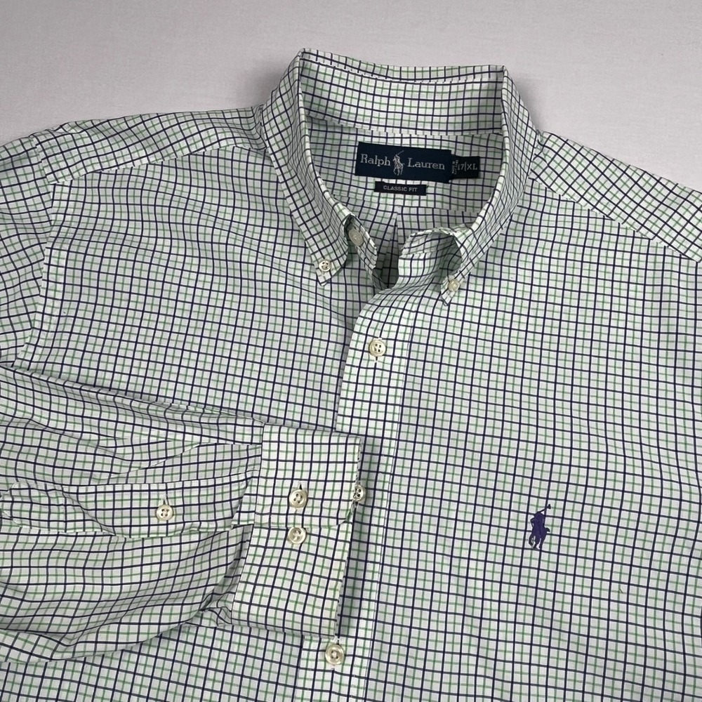 Ralph Lauren EUC Dress Shirt Men's 17 XL‎ Green Navy Blue Check Classic Fit